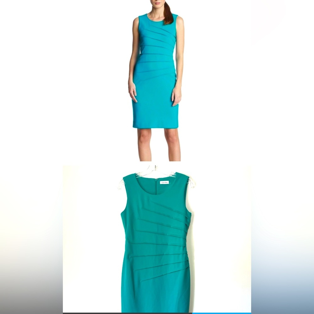 Calvin Klein Teal Pleated Sheath Knee High Dress Blue Green New With Tag Size 2